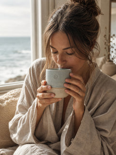 Frau genießt Kaffee aus dem Ocean Mug von SALT Ñ SOUL, eingekuschelt in eine Leinendecke