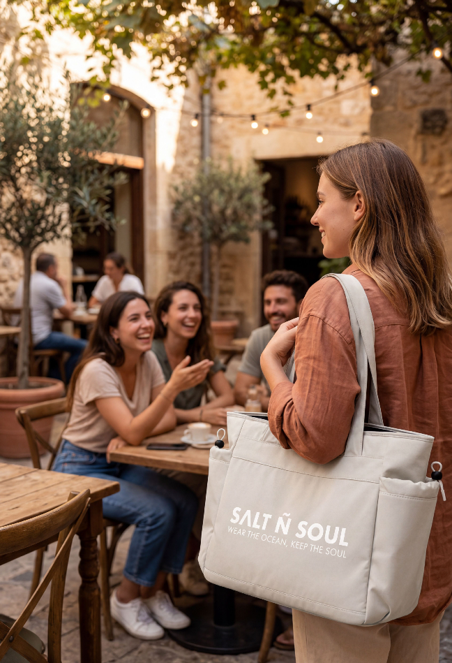 Frau mit TideCarry 21l Tote von SALT Ñ SOUL in Shell trifft Freunde in einem mediterranen Café
