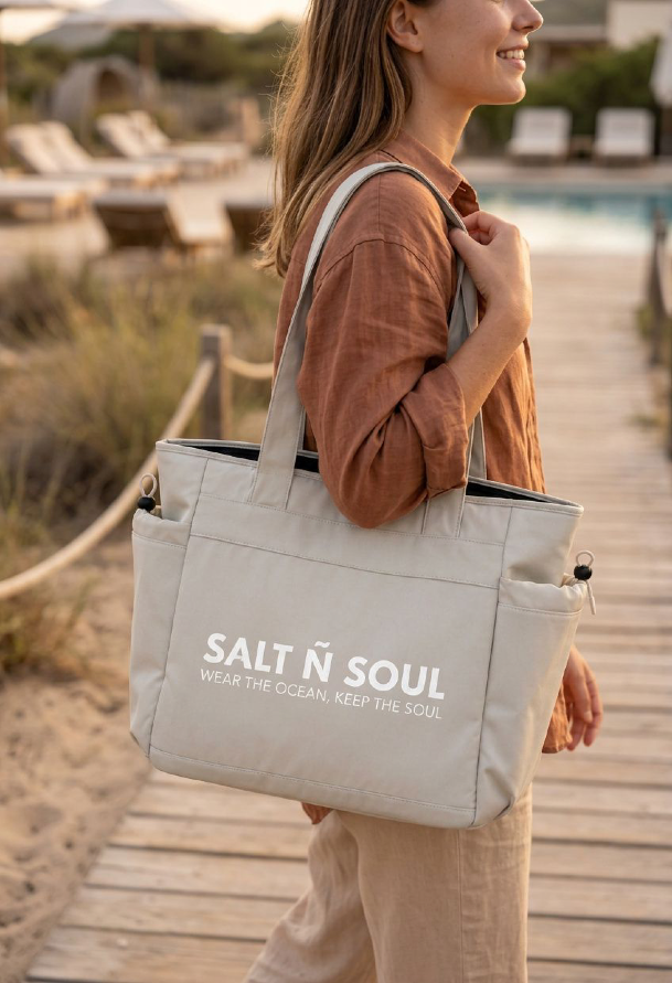 Frau trägt TideCarry Oversized Tote Bag von SALT Ñ SOUL in Shell über der Schulter auf einem Holzsteg am Strand